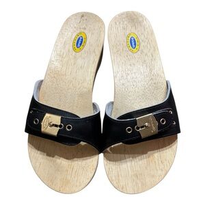 Dr. Scholl’s Original Wood Bottom Slide Sandals Black Leather Size 8